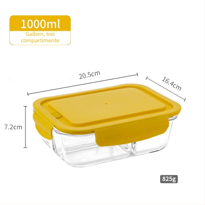 Cutie pentru prânz din sticlă borosilicat, 800–1000 ml, sigură la microunde, dreptunghiulară, rezistentă la căldură, păstrarea prospețimii