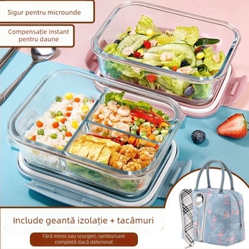 Cutie de prânz din sticlă compatibilă cu microunde, cu capac și divizoare, transparentă, borosilicată, capacitate sub 300 ml