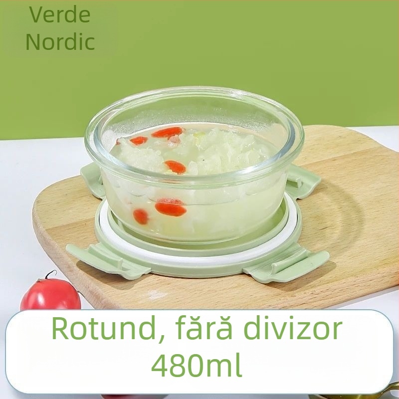 Cutie de prânz din sticlă compatibilă cu microunde, cu capac și divizoare, transparentă, borosilicată, capacitate sub 300 ml