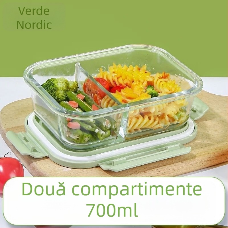 Cutie de prânz din sticlă compatibilă cu microunde, cu capac și divizoare, transparentă, borosilicată, capacitate sub 300 ml