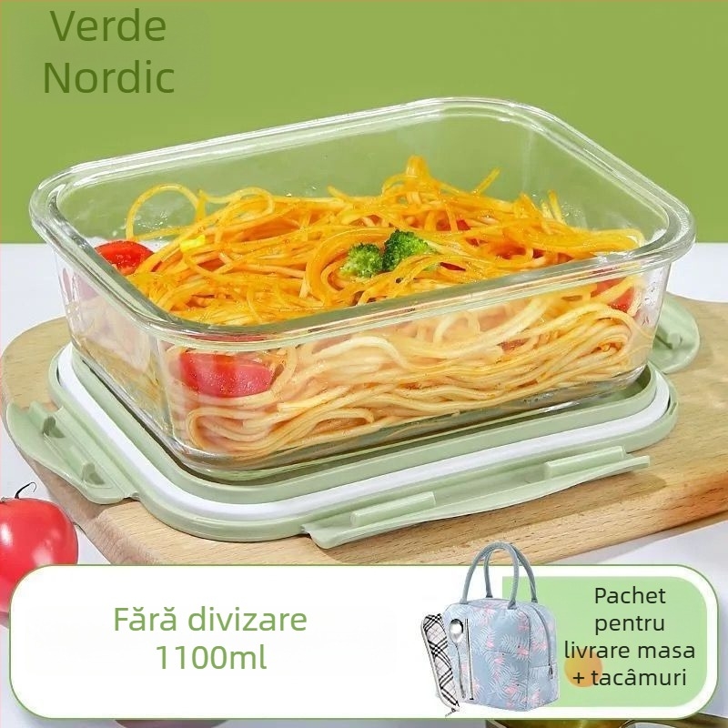 Cutie de prânz din sticlă compatibilă cu microunde, cu capac și divizoare, transparentă, borosilicată, capacitate sub 300 ml