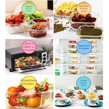 Lock cutie de prânz din sticlă, rezistentă la căldură, sigură pentru microunde – rotundă sau dreptunghiulară, model LLG445, capacitate 301–1000 ml