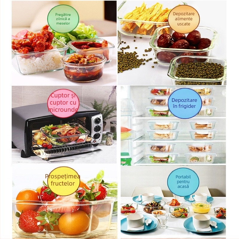 Lock cutie de prânz din sticlă, rezistentă la căldură, sigură pentru microunde – rotundă sau dreptunghiulară, model LLG445, capacitate 301–1000 ml