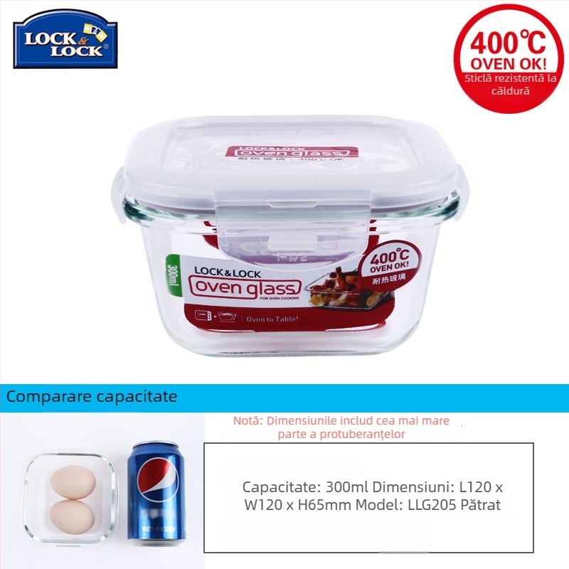 Lock cutie de prânz din sticlă, rezistentă la căldură, sigură pentru microunde – rotundă sau dreptunghiulară, model LLG445, capacitate 301–1000 ml