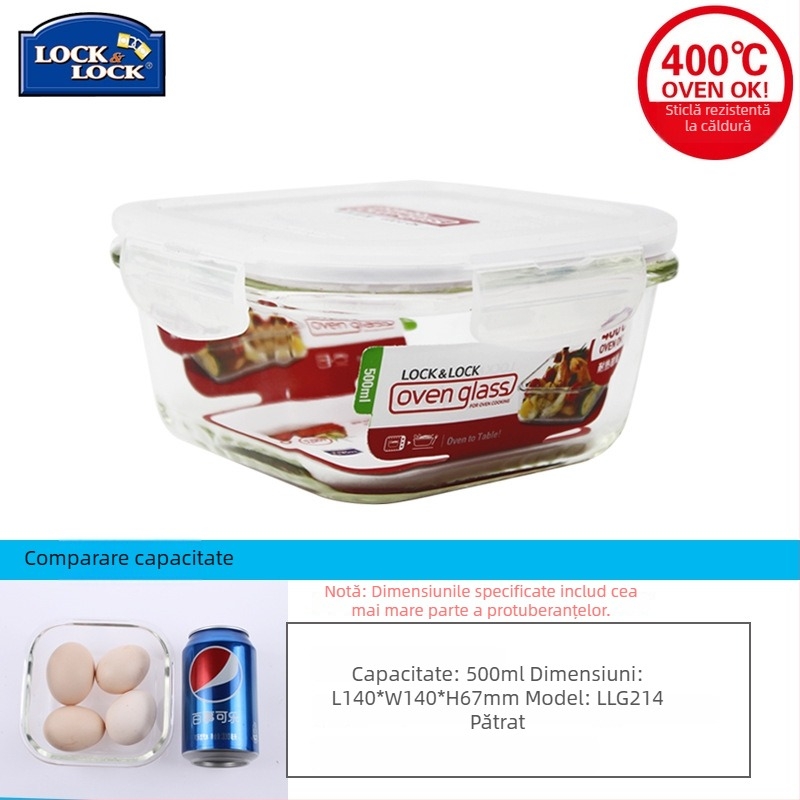 Lock cutie de prânz din sticlă, rezistentă la căldură, sigură pentru microunde – rotundă sau dreptunghiulară, model LLG445, capacitate 301–1000 ml
