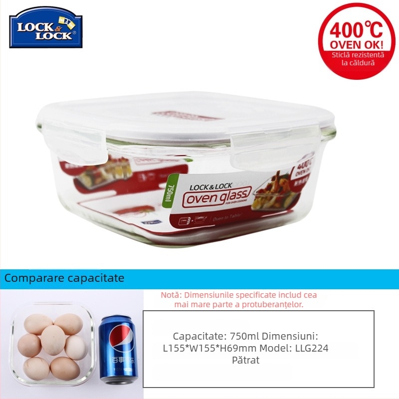 Lock cutie de prânz din sticlă, rezistentă la căldură, sigură pentru microunde – rotundă sau dreptunghiulară, model LLG445, capacitate 301–1000 ml