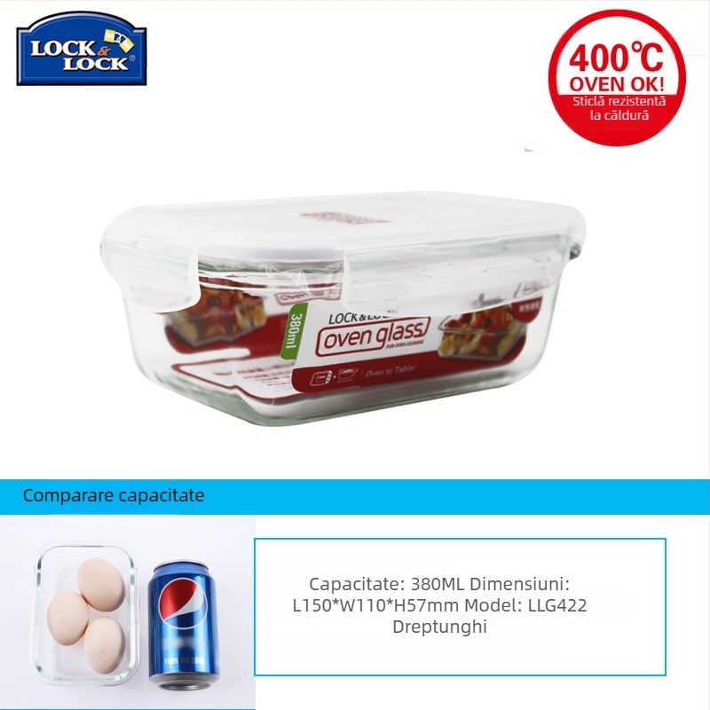 Lock cutie de prânz din sticlă, rezistentă la căldură, sigură pentru microunde – rotundă sau dreptunghiulară, model LLG445, capacitate 301–1000 ml