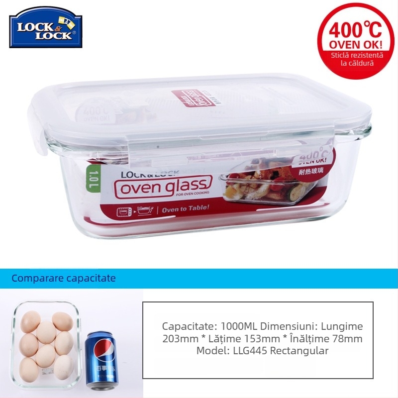 Lock cutie de prânz din sticlă, rezistentă la căldură, sigură pentru microunde – rotundă sau dreptunghiulară, model LLG445, capacitate 301–1000 ml