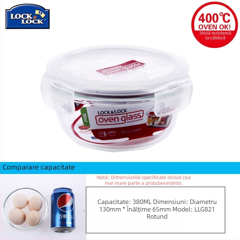 Lock cutie de prânz din sticlă, rezistentă la căldură, sigură pentru microunde – rotundă sau dreptunghiulară, model LLG445, capacitate 301–1000 ml