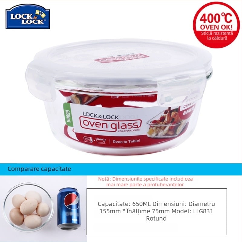 Lock cutie de prânz din sticlă, rezistentă la căldură, sigură pentru microunde – rotundă sau dreptunghiulară, model LLG445, capacitate 301–1000 ml