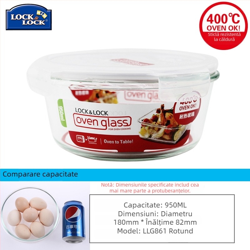 Lock cutie de prânz din sticlă, rezistentă la căldură, sigură pentru microunde – rotundă sau dreptunghiulară, model LLG445, capacitate 301–1000 ml