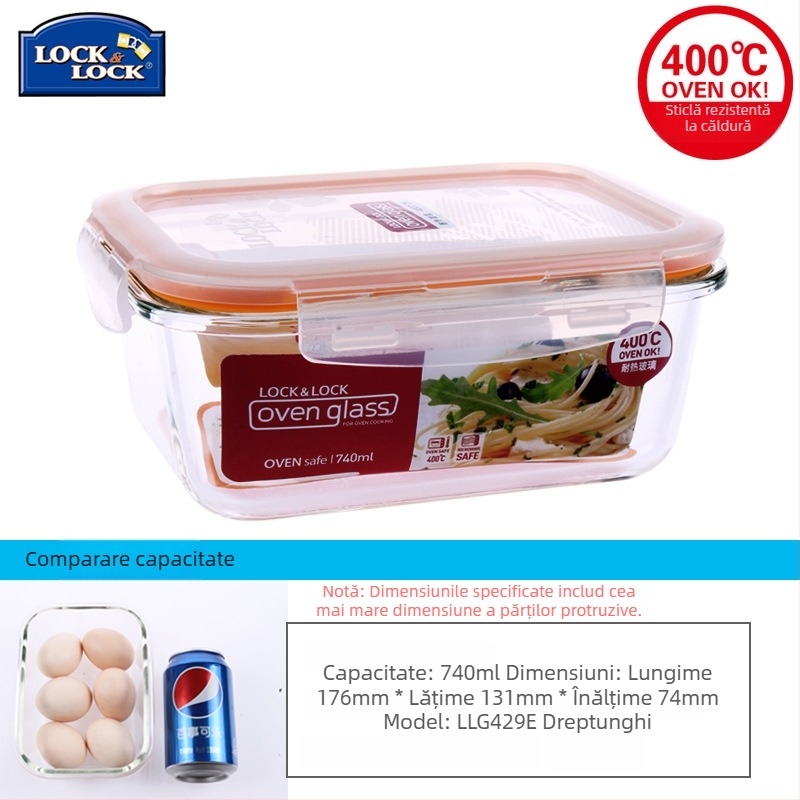 Lock cutie de prânz din sticlă, rezistentă la căldură, sigură pentru microunde – rotundă sau dreptunghiulară, model LLG445, capacitate 301–1000 ml