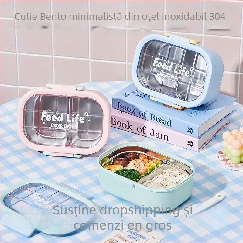 Cutie de prânz pătrată, capacitate 800–1000 ml, interior din oțel inoxidabil 304 cu exterior PP+PET, model cartoon, stil simplu modern, nu este compatibilă cu microunde, non-electrică