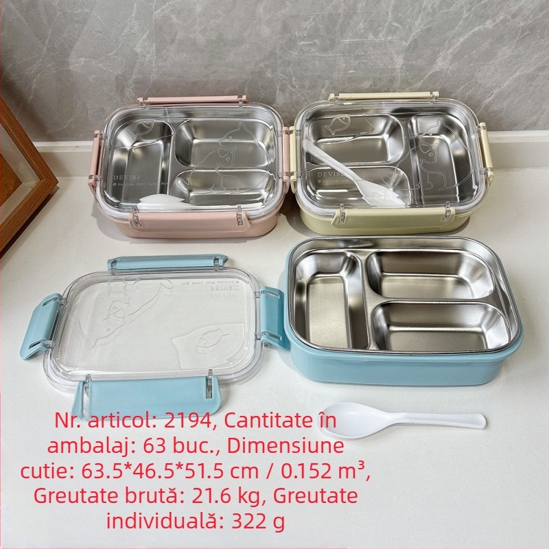 Cutie pentru prânz din oțel inoxidabil, trei compartimente, izolată, capacitate 800-1000 ml, necompatibilă cu microundele