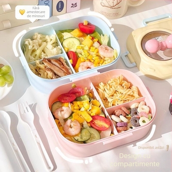 Cutie de prânz din plastic, dreptunghiulară, 1–2 L, sigilată și izolată termic, stil modern minimalist, pentru copii