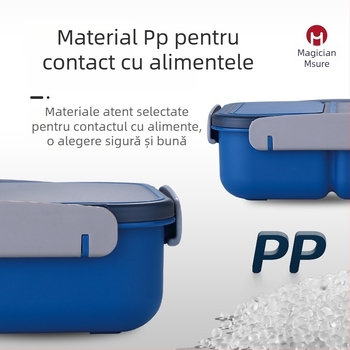 Cutie de prânz din plastic PP, cu separator etanș, compatibilă cu microundele, dreptunghiulară, un singur strat, capacitate 1–2 L, pentru adulți.