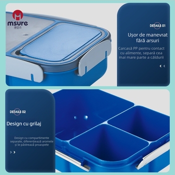 Cutie de prânz din plastic PP, cu separator etanș, compatibilă cu microundele, dreptunghiulară, un singur strat, capacitate 1–2 L, pentru adulți.