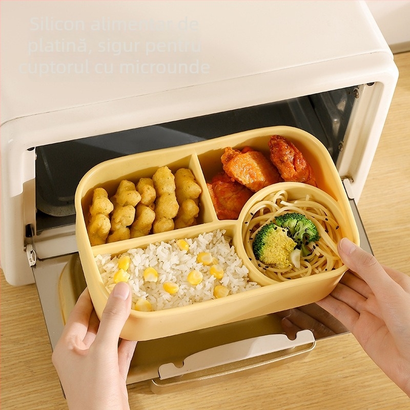 Cutie de prânz din silicon, alimentară, formă rotundă, strat unic, menține cald, capacitate sub 300 ml