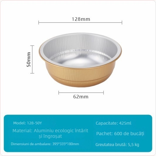 Cutie de prânz din folie de aluminiu — formă rotundă; grosime 0,11 mm; capacitate 425 ml; material: folie de aluminiu; marcă: Guobang (0,11 mm; 425 ml; folie de aluminiu; formă rotundă; Guobang)
