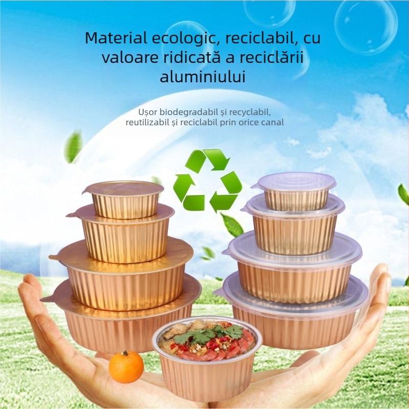 Cutie de prânz din folie de aluminiu — formă rotundă; grosime 0,11 mm; capacitate 425 ml; material: folie de aluminiu; marcă: Guobang (0,11 mm; 425 ml; folie de aluminiu; formă rotundă; Guobang)