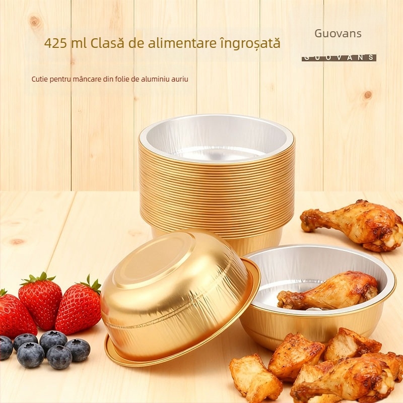 Cutie de prânz din folie de aluminiu — formă rotundă; grosime 0,11 mm; capacitate 425 ml; material: folie de aluminiu; marcă: Guobang (0,11 mm; 425 ml; folie de aluminiu; formă rotundă; Guobang)