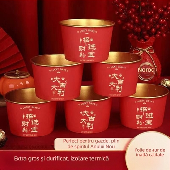 Vas de hârtie de unică folosință, cu folie de aur, pentru mesele de Sărbătoarea Primăverii; material: hârtie + peliculă PE; durată de viață: 12 luni; categorie: vas de unică folosință