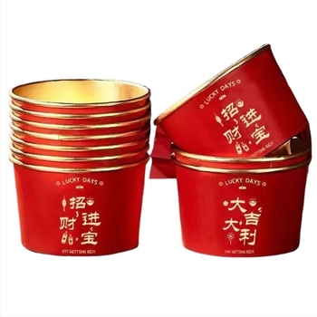 Vas de hârtie de unică folosință, cu folie de aur, pentru mesele de Sărbătoarea Primăverii; material: hârtie + peliculă PE; durată de viață: 12 luni; categorie: vas de unică folosință