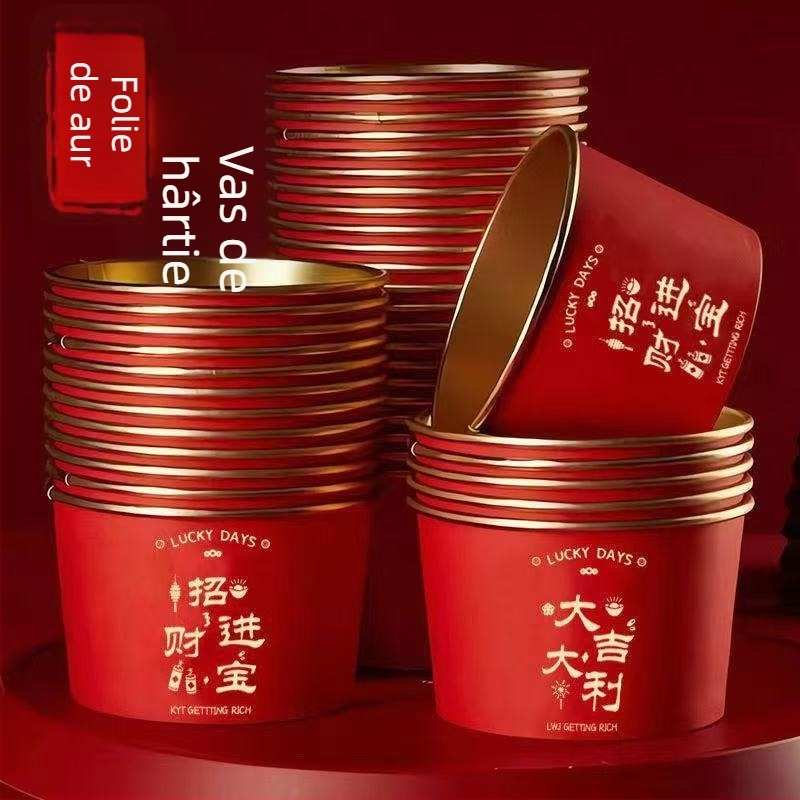 Vas de hârtie de unică folosință, cu folie de aur, pentru mesele de Sărbătoarea Primăverii; material: hârtie + peliculă PE; durată de viață: 12 luni; categorie: vas de unică folosință