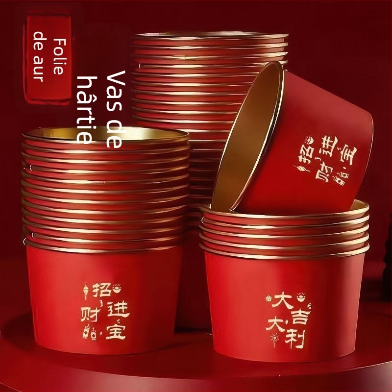 Vas de hârtie de unică folosință, cu folie de aur, pentru mesele de Sărbătoarea Primăverii; material: hârtie + peliculă PE; durată de viață: 12 luni; categorie: vas de unică folosință