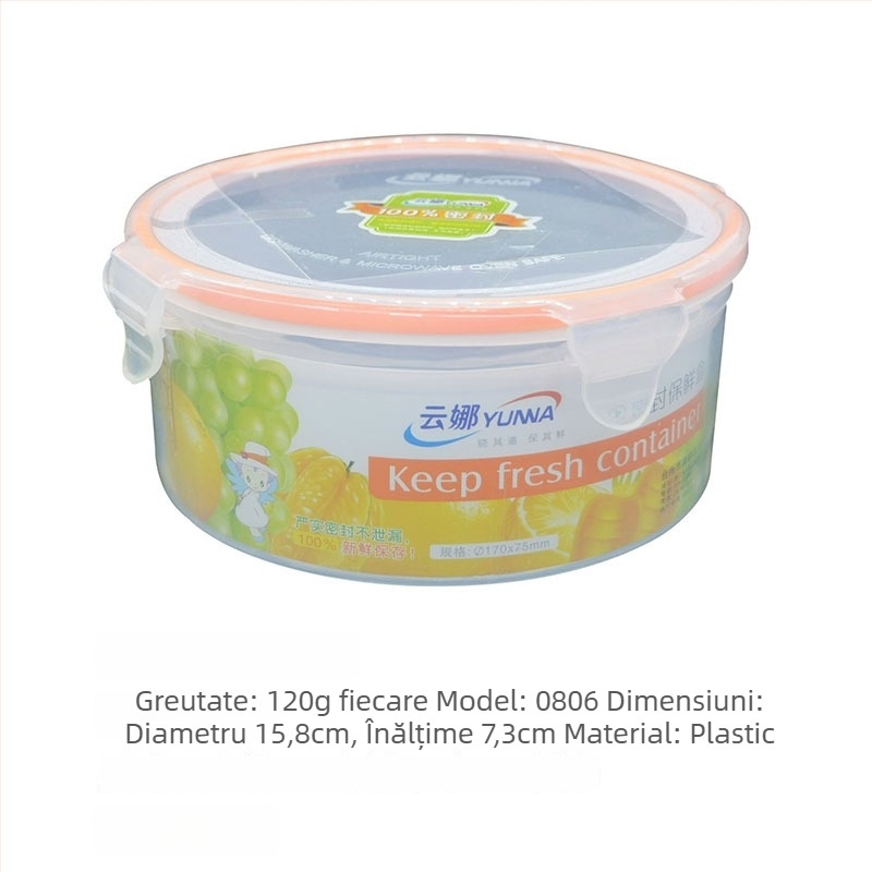 Cutie de prânz din plastic, rotundă, compatibilă cu microundele, capacitate 301-500 ml, opțiune cu 3 straturi, stil simplu