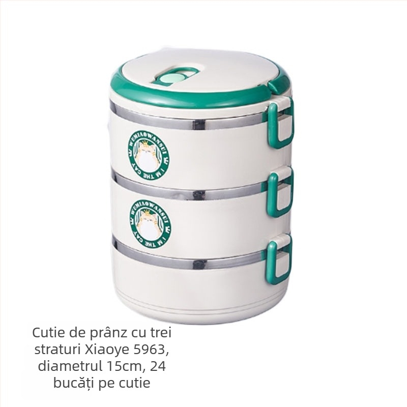 Cutie de prânz din plastic, rotundă, compatibilă cu microundele, capacitate 301-500 ml, opțiune cu 3 straturi, stil simplu