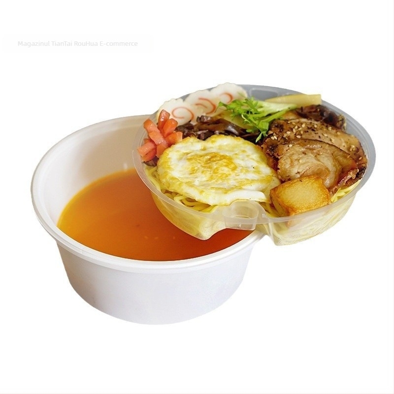 Recipient pentru supă cu două niveluri și compartimente uscat/umed, farfurie de unică folosință cu tăiței wonton vermicelli; Plastic • Nu este compatibil cu microunde • Imprimare siglă posibilă • Greutate brută ~8 kg