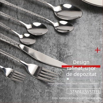 Set trei piese tacâmuri pentru steak: cuțit, furculiță și linguriță, oțel inoxidabil 201, mâner cu model ciocan, stil retro, lustruit oglindă