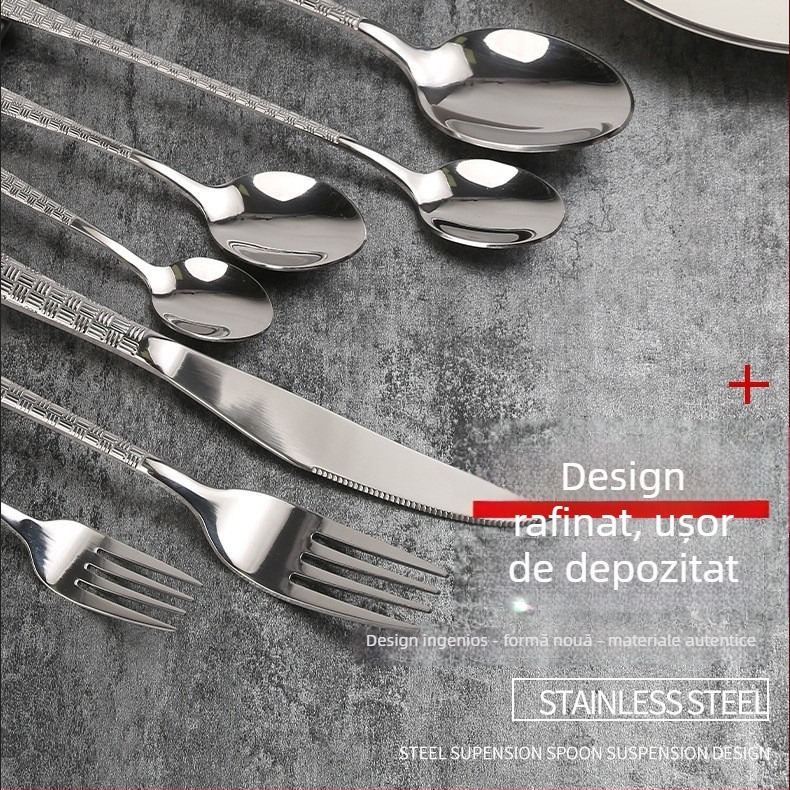 Set trei piese tacâmuri pentru steak: cuțit, furculiță și linguriță, oțel inoxidabil 201, mâner cu model ciocan, stil retro, lustruit oglindă