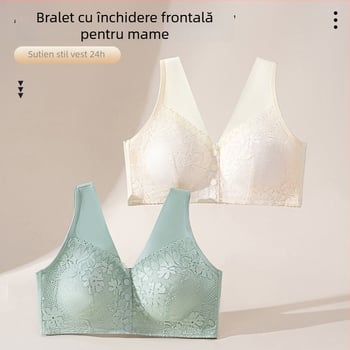 Sutien wireless cu închidere frontală, cupe pline, material respirant din poliester, cupe modelate din bumbac, bretele fixe