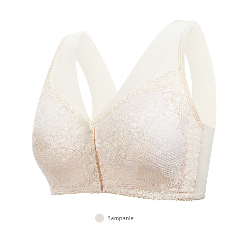 Sutien wireless cu închidere frontală, cupe pline, material respirant din poliester, cupe modelate din bumbac, bretele fixe