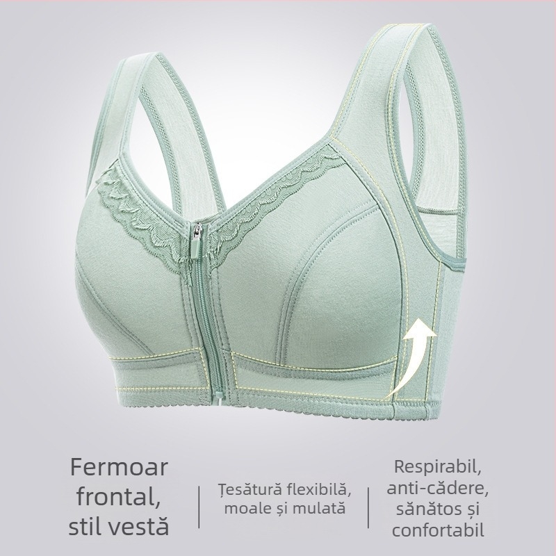 Sutien din bumbac moale cu cupă, închidere frontală, fără arcuri, stil vestă, plus-size, sprijin pentru spate pentru femei mature