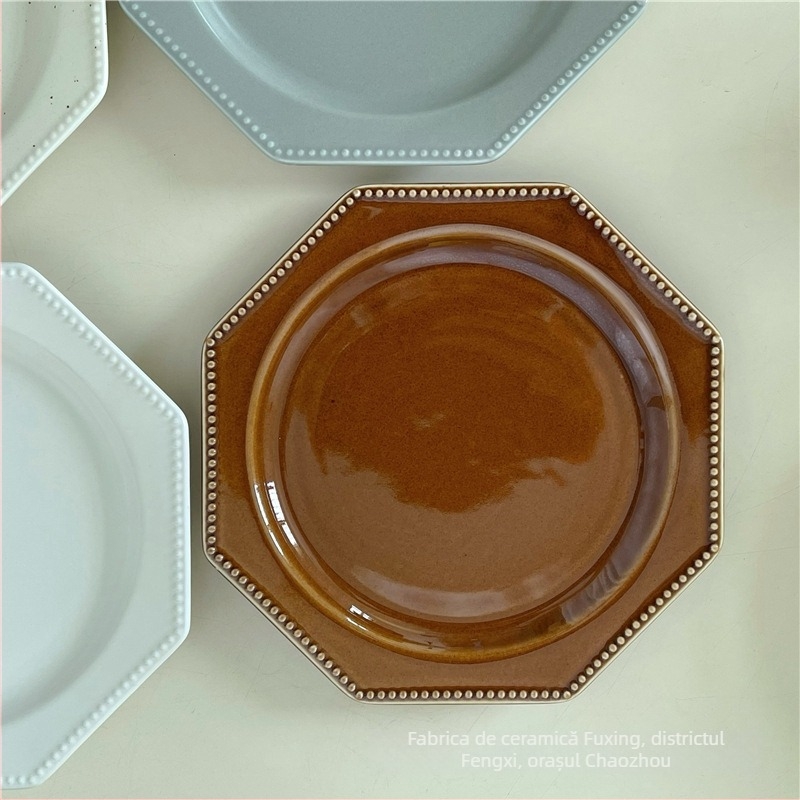 Farfurie octagonală din porțelan pentru desert, rezistentă la microunde, stil coreean