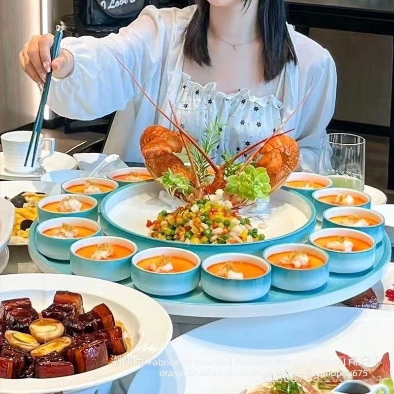 Platou circular din ceramică pentru homar, lucrat manual, de înaltă clasă, personalizabil, potrivit pentru catering hotelier