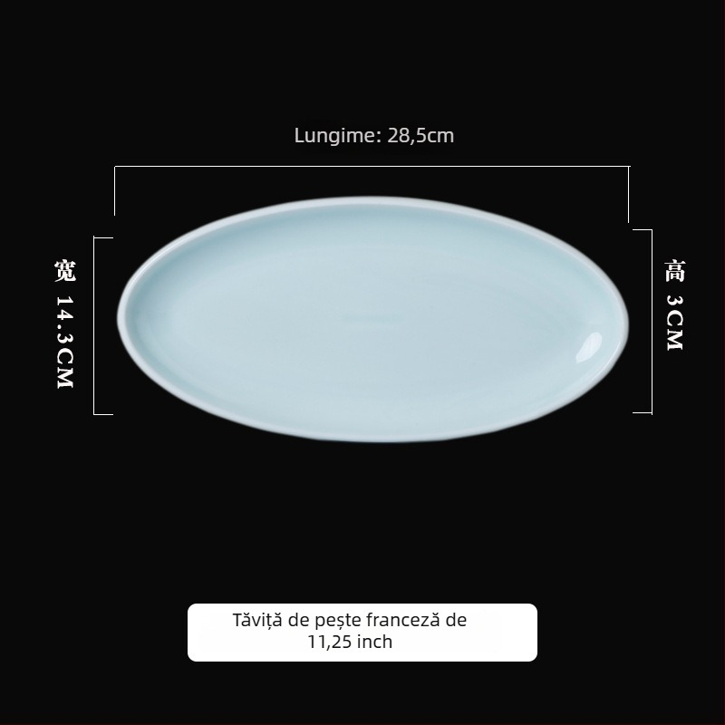 Farfurie pentru pește, porțelan oval, suprafață subglazură; potrivită pentru microunde și mașina de vase
