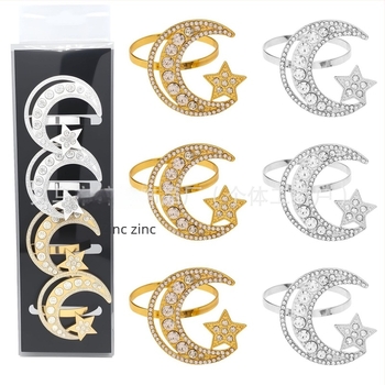 Inel pentru șervețele cu design Stea și Lună, aliaj de zinc, electroplacare, stil occidental, model fulg de zăpadă, origine Yiwu