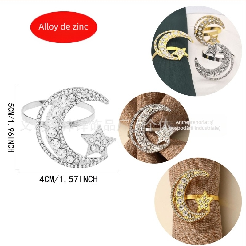 Inel pentru șervețele cu design Stea și Lună, aliaj de zinc, electroplacare, stil occidental, model fulg de zăpadă, origine Yiwu