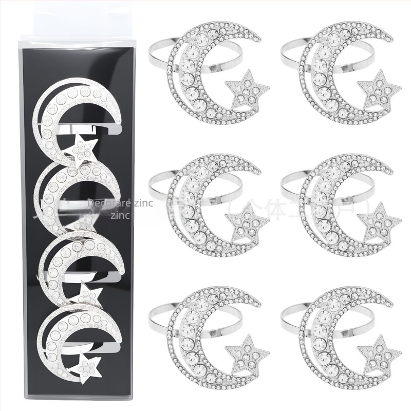 Inel pentru șervețele cu design Stea și Lună, aliaj de zinc, electroplacare, stil occidental, model fulg de zăpadă, origine Yiwu