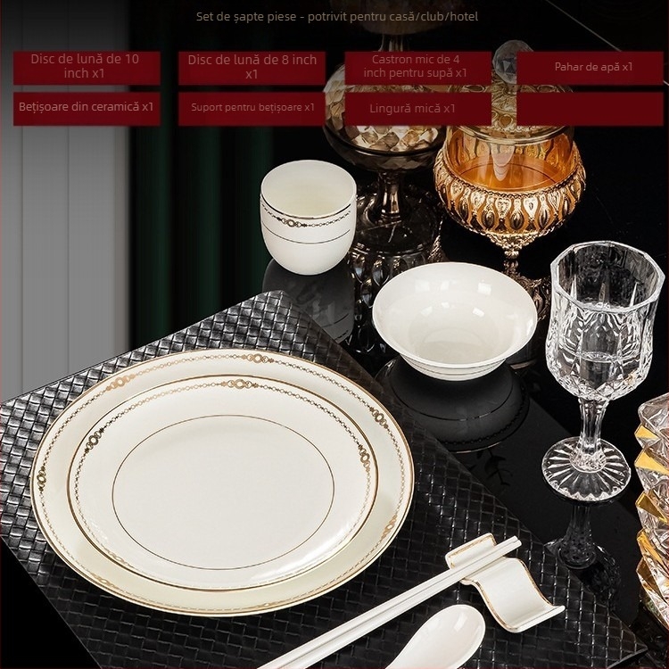 Set de veselă pentru hotel din porțelan osos, Jingdezhen, margine aurie, 2 seturi, include boluri, farfurii, cești, linguri, suporturi pentru bețișoare și bețișoare