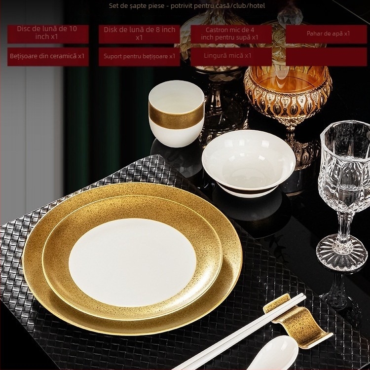 Set de veselă pentru hotel din porțelan osos, Jingdezhen, margine aurie, 2 seturi, include boluri, farfurii, cești, linguri, suporturi pentru bețișoare și bețișoare