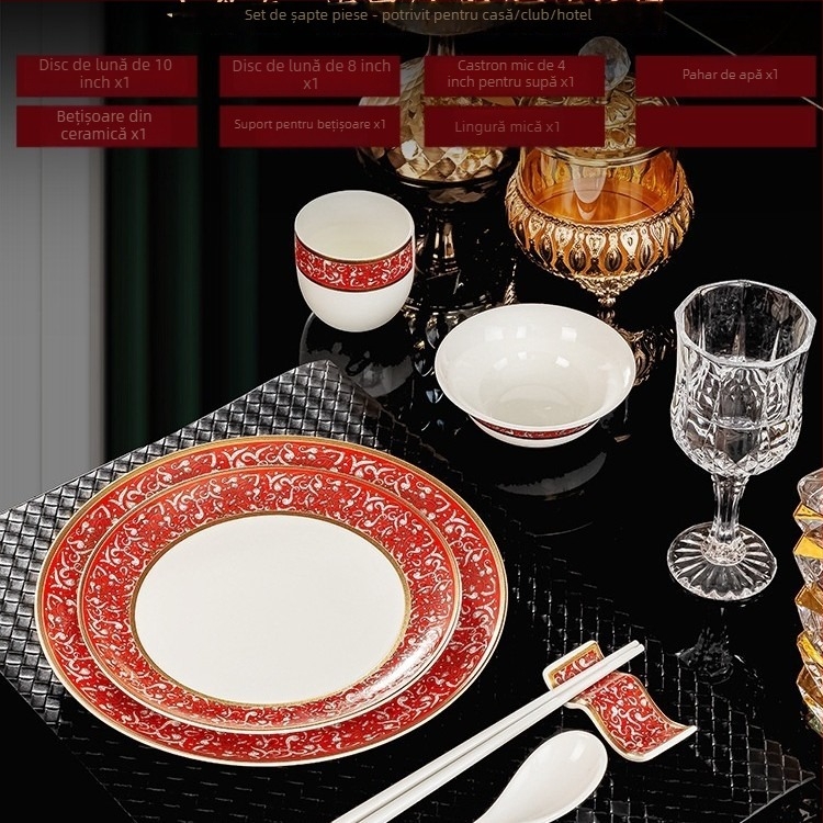 Set de veselă pentru hotel din porțelan osos, Jingdezhen, margine aurie, 2 seturi, include boluri, farfurii, cești, linguri, suporturi pentru bețișoare și bețișoare