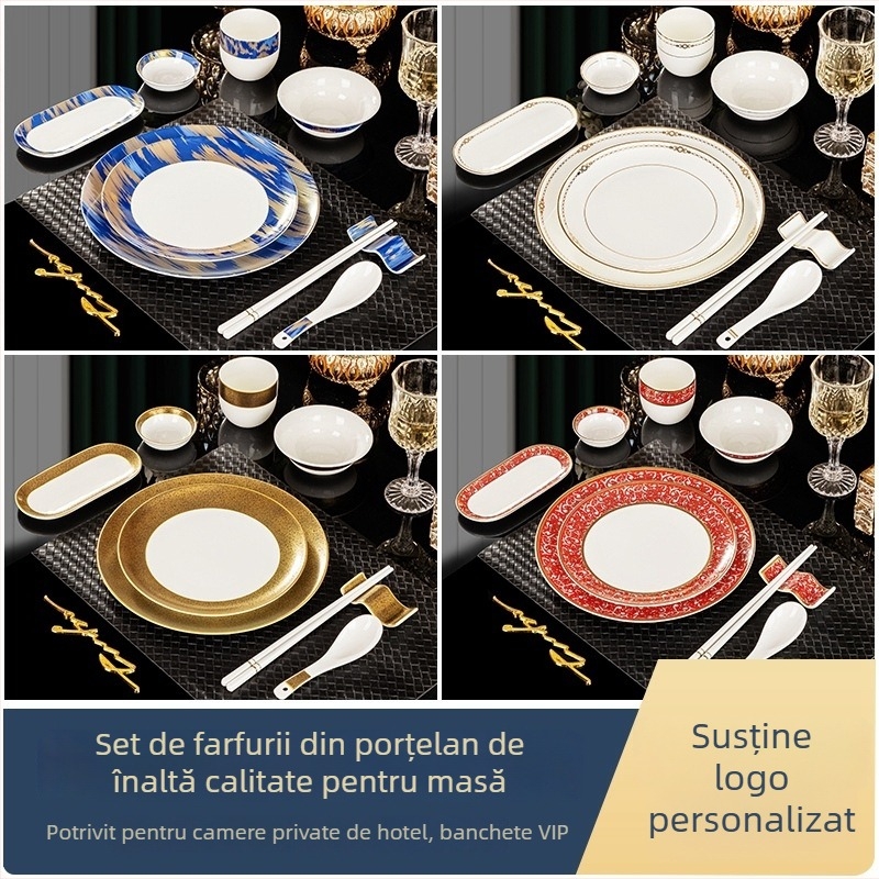 Set de veselă pentru hotel din porțelan osos, Jingdezhen, margine aurie, 2 seturi, include boluri, farfurii, cești, linguri, suporturi pentru bețișoare și bețișoare