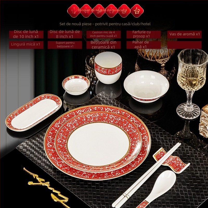 Set de veselă pentru hotel din porțelan osos, Jingdezhen, margine aurie, 2 seturi, include boluri, farfurii, cești, linguri, suporturi pentru bețișoare și bețișoare