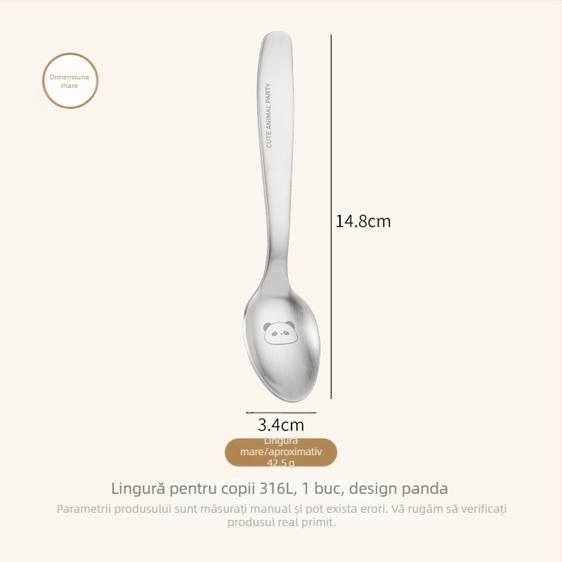 Lingură pentru copii, din oțel inoxidabil, design panda desen animat, finisaj oglindit