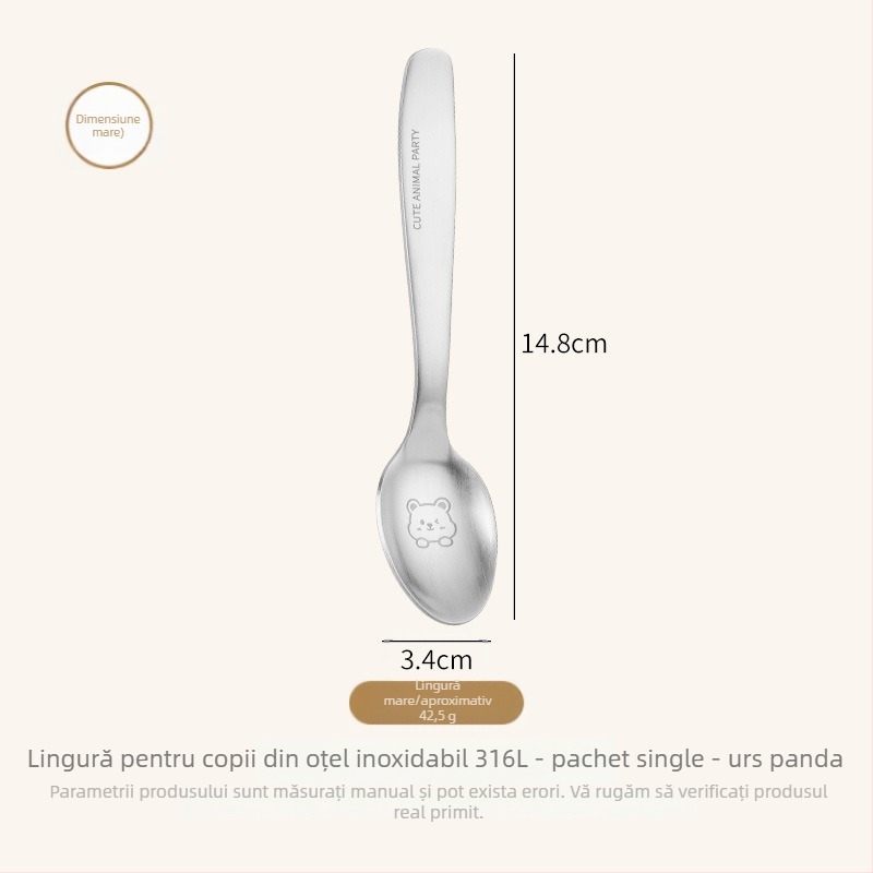 Lingură pentru copii, din oțel inoxidabil, design panda desen animat, finisaj oglindit